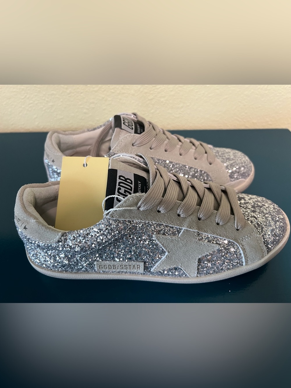 “Golden Goose” Glitter Superstar Sneakers in Silver and Light Gray